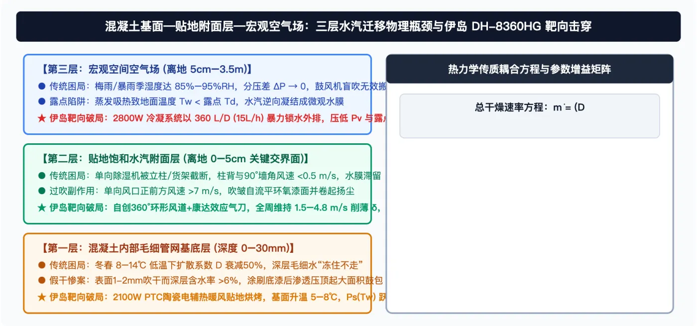 图1：建筑地坪干燥“三层热湿传递阻力模型”与伊岛 DH-8360HG 物理破局机制对照图